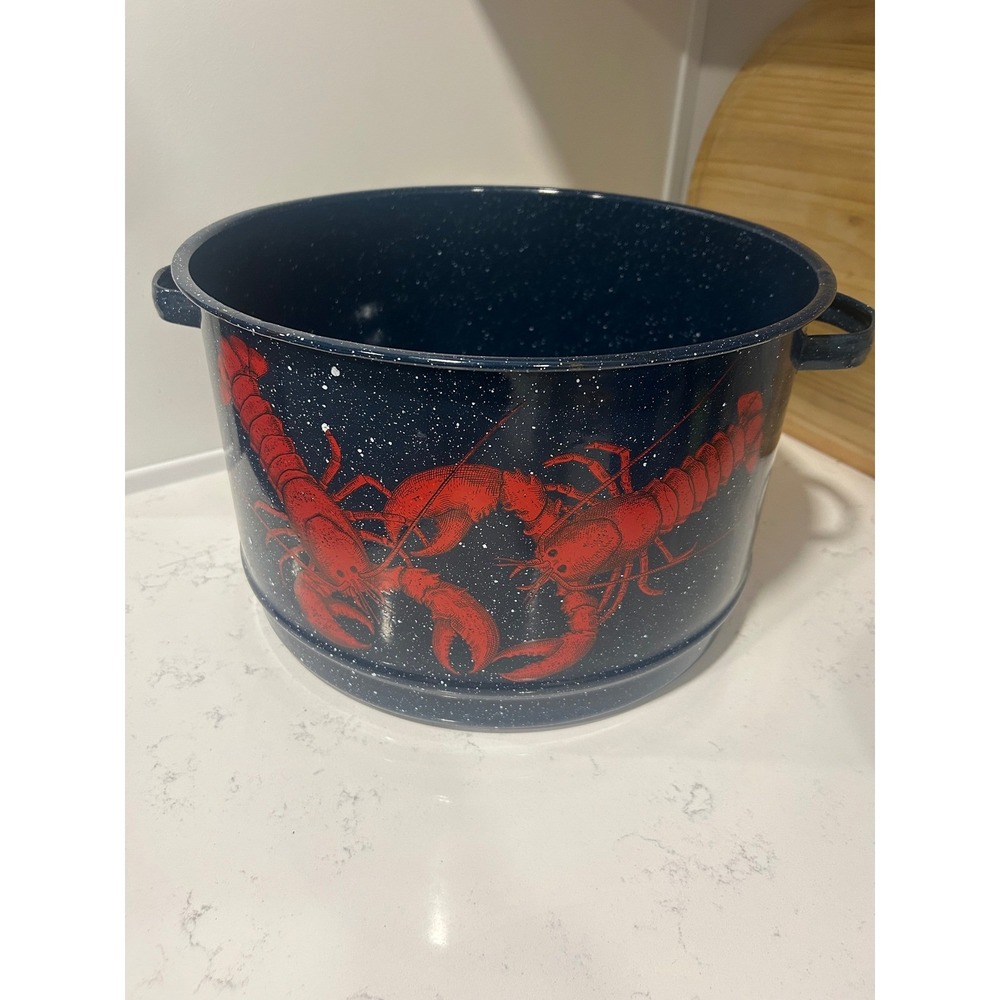 Navy Blue Speckled Enamelware Lobster Steamer Pot with Red‎ Lobster Graphics